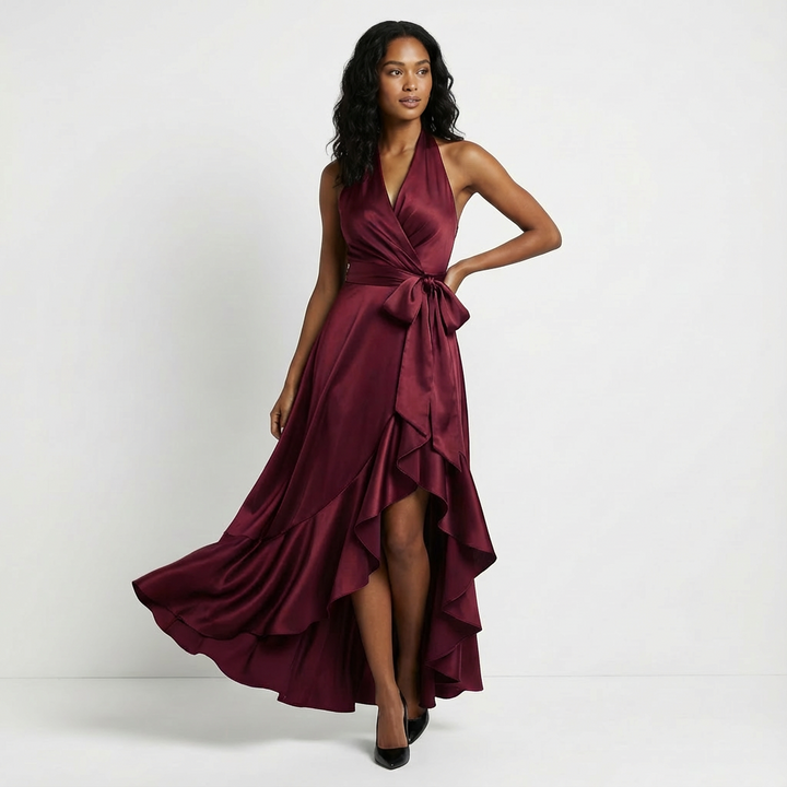 Sophisticated long formal gown, ideal as a wedding guest dress or special occasion party wear.
