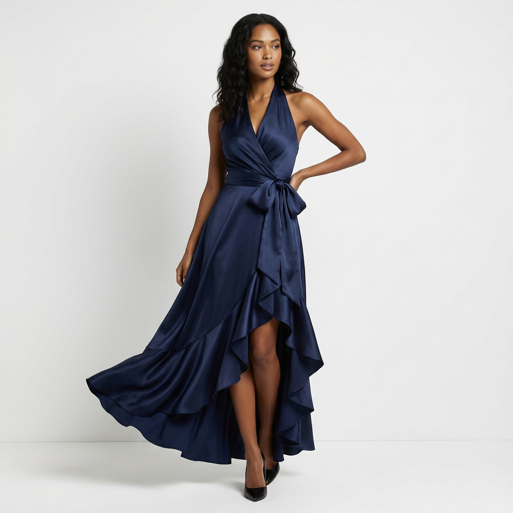 Chic women's formal gown; a beautiful tie-waist maxi dress for any elegant wedding guest.