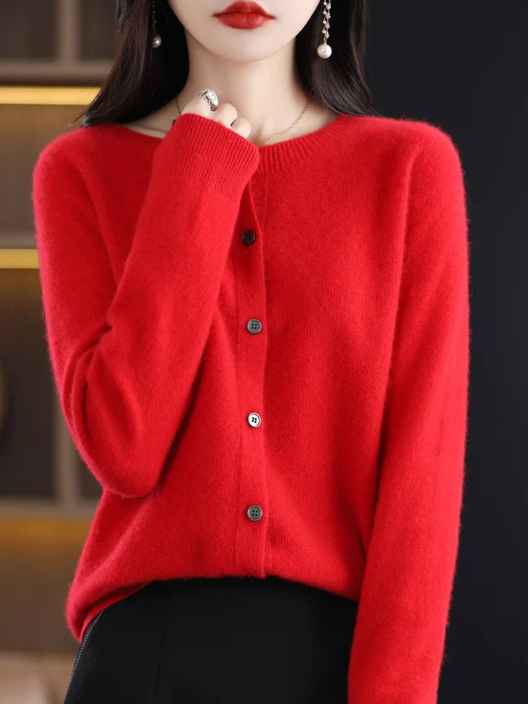 Close-up on the knit pattern of a women's merino wool O-neck sweater, finely crafted