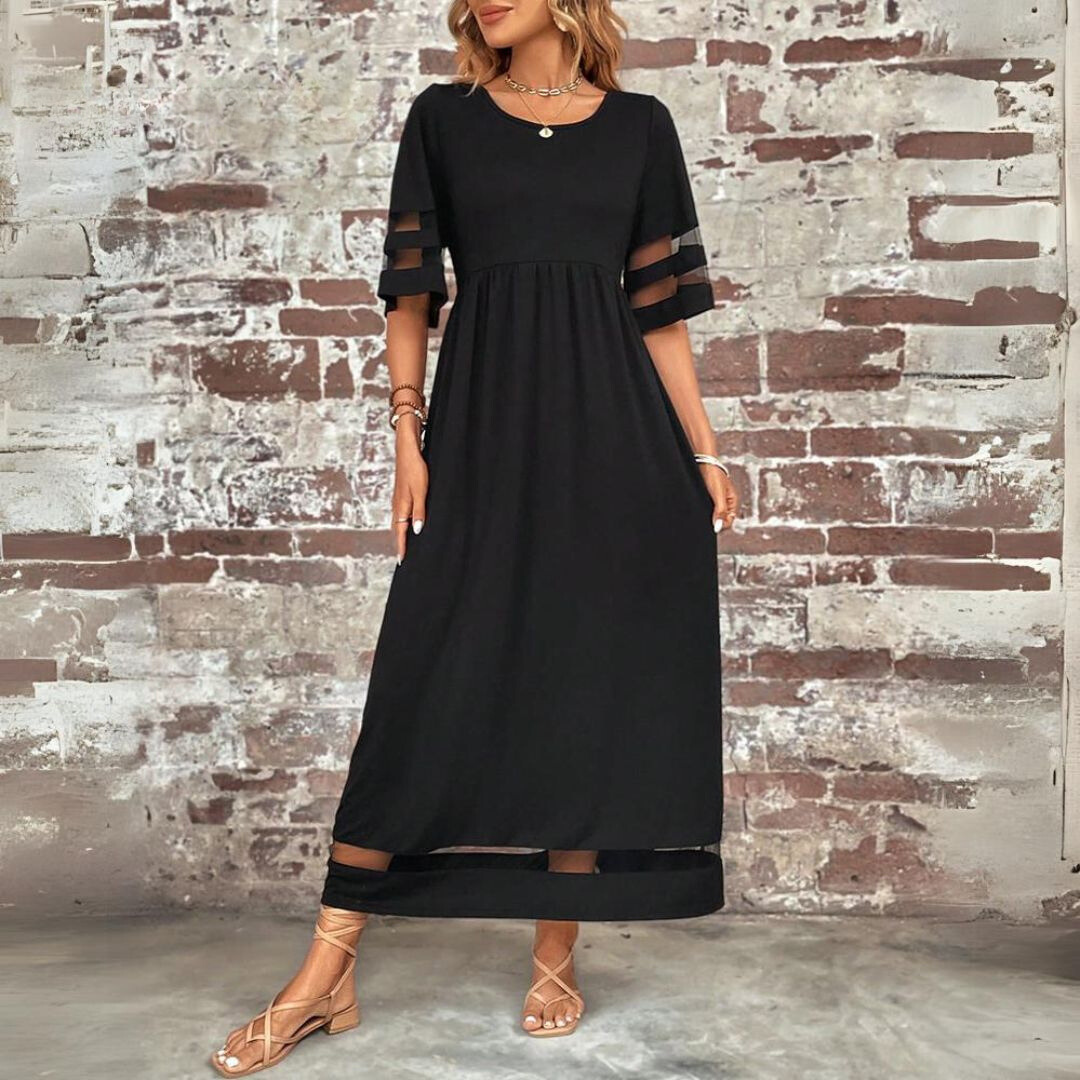 Chic women's versatile maxi dress with delicate mesh panel details & a comfortable gathered waist for all seasons.