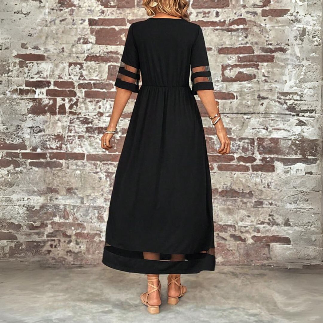 Beautiful women's elegant dress, a full-length maxi with unique mesh paneling and a figure-flattering gathered waist.