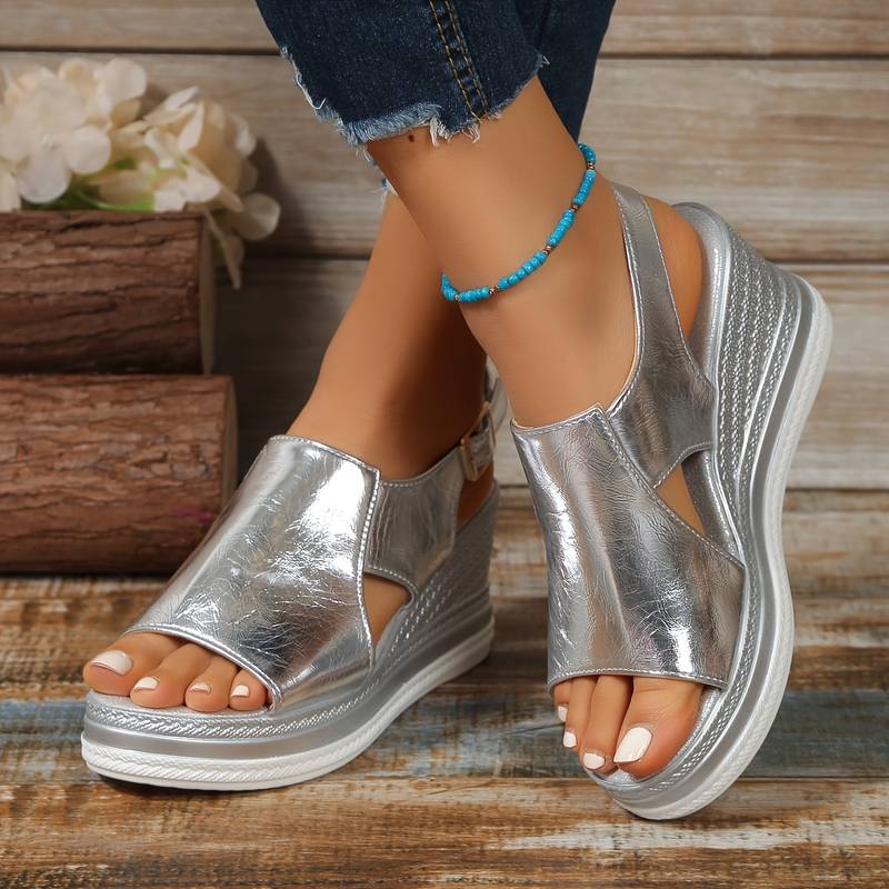 Elegant women's metallic platform slingback sandals, perfect for summer dresses and special occasions.