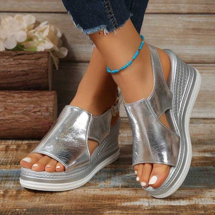 Elegant women's metallic platform slingback sandals, perfect for summer dresses and special occasions.