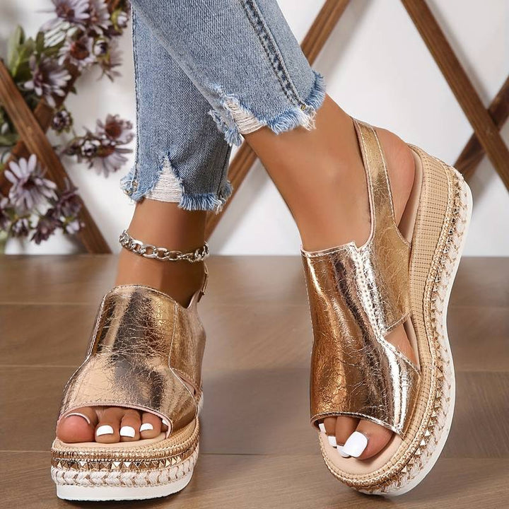 Fashionable women's metallic platform slingback sandals for elegant summer outfits and special events.