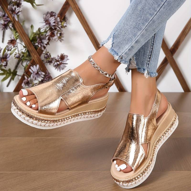 Comfortable metallic platform open-toe slingback sandals for women, ideal for stylish summer wear.