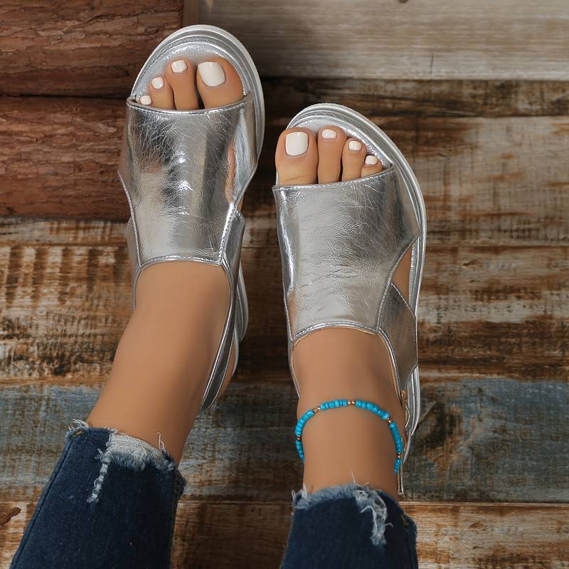 Stylish women's metallic platform slingback sandals, an elegant and comfortable choice for summer fashion.