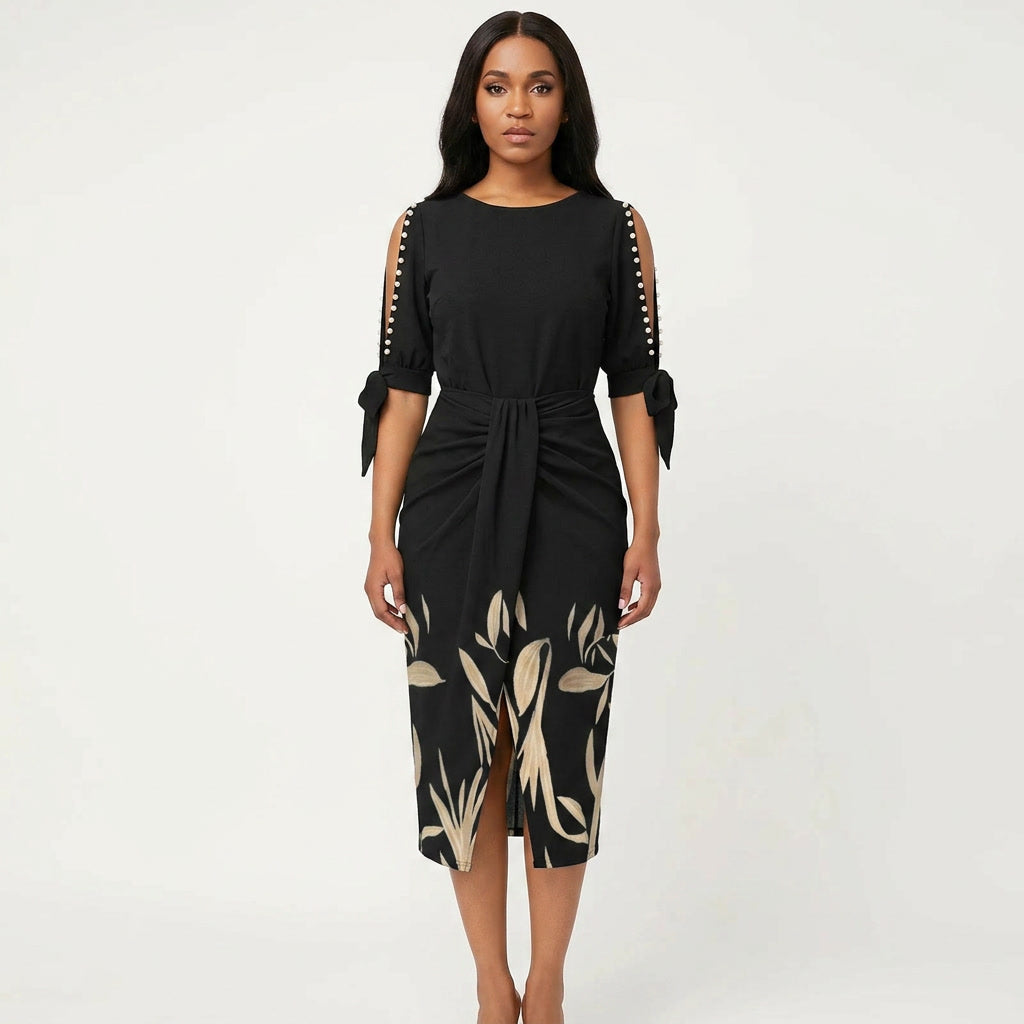 Elegant women's midi cocktail dress with V-neck, delicate lace sleeves, perfect for formal events or wedding guests.