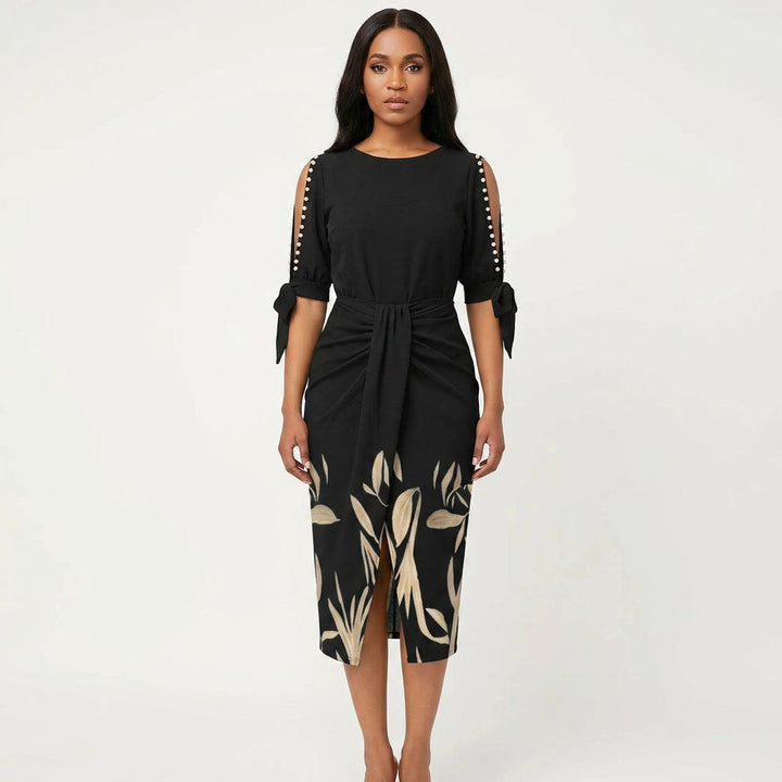 Elegant women's midi cocktail dress with V-neck, delicate lace sleeves, perfect for formal events or wedding guests.