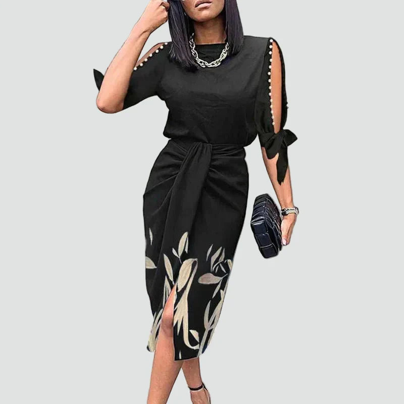 Formal midi evening dress for women, featuring a flattering V-neckline and intricate lace sleeves, ideal for parties.