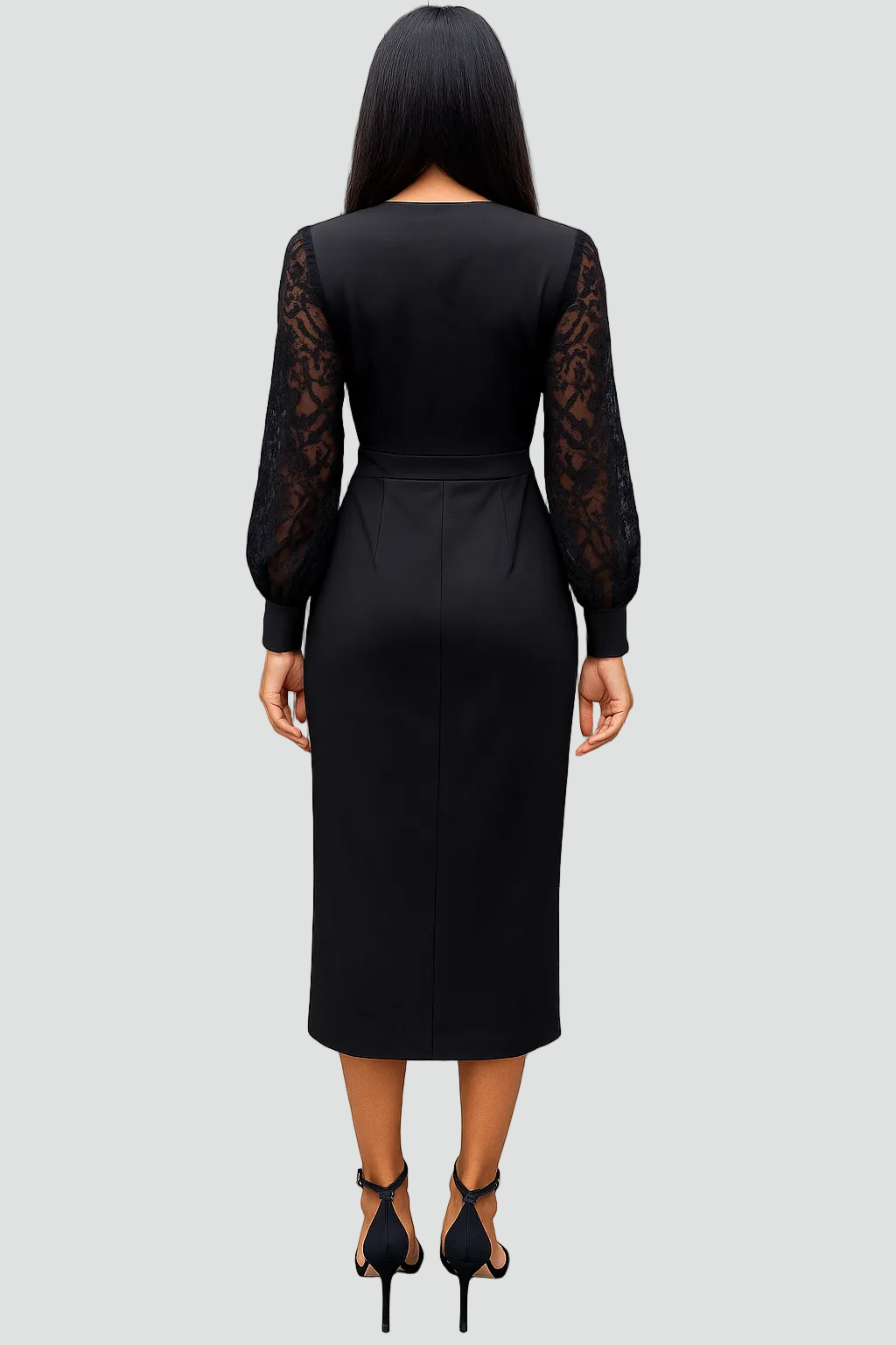 Chic V-neck lace sleeve midi dress for women, an elegant wrap-style design perfect as a sophisticated party or formal dress.
