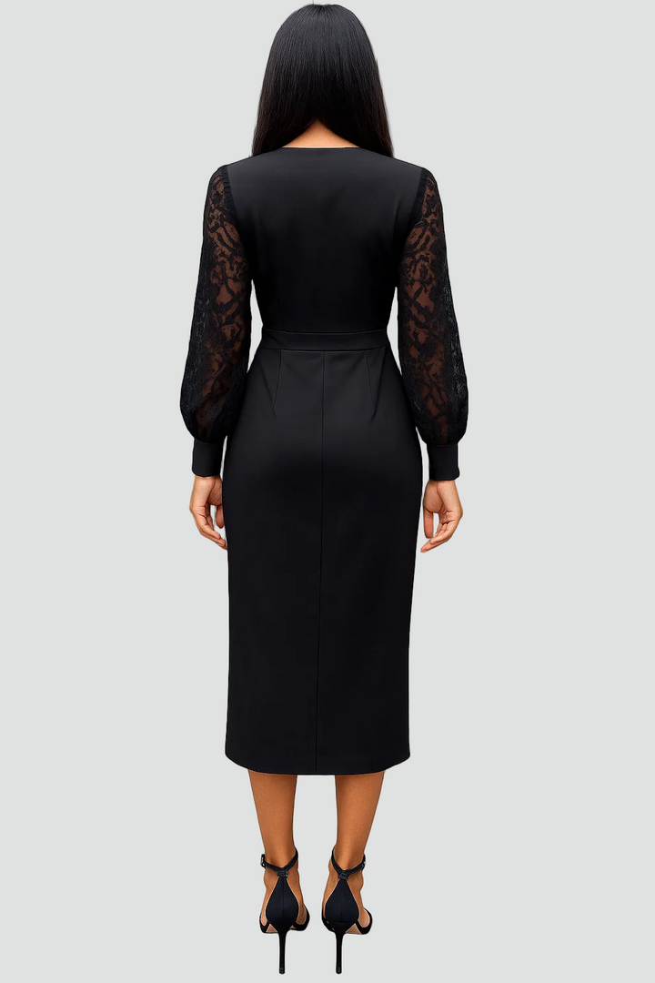Chic V-neck lace sleeve midi dress for women, an elegant wrap-style design perfect as a sophisticated party or formal dress.