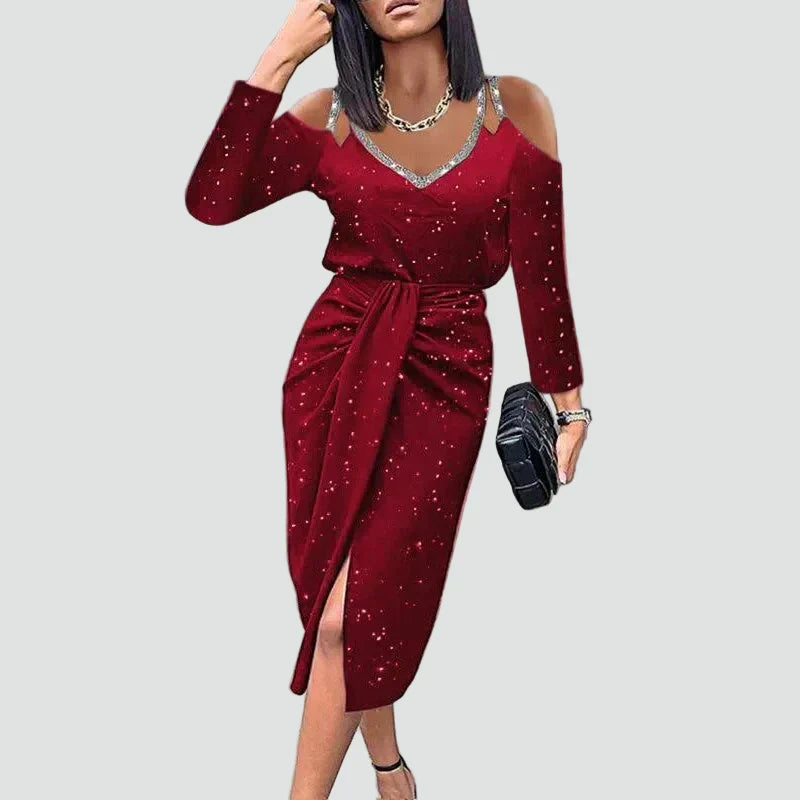 Women's V-neck lace sleeve midi dress, an elegant formal option ideal as a wedding guest dress or for evening parties.