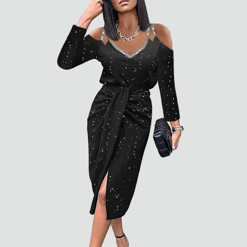 Sophisticated women's midi dress featuring a stylish V-neck and elegant lace sleeves, perfect for cocktail parties & formal wear.