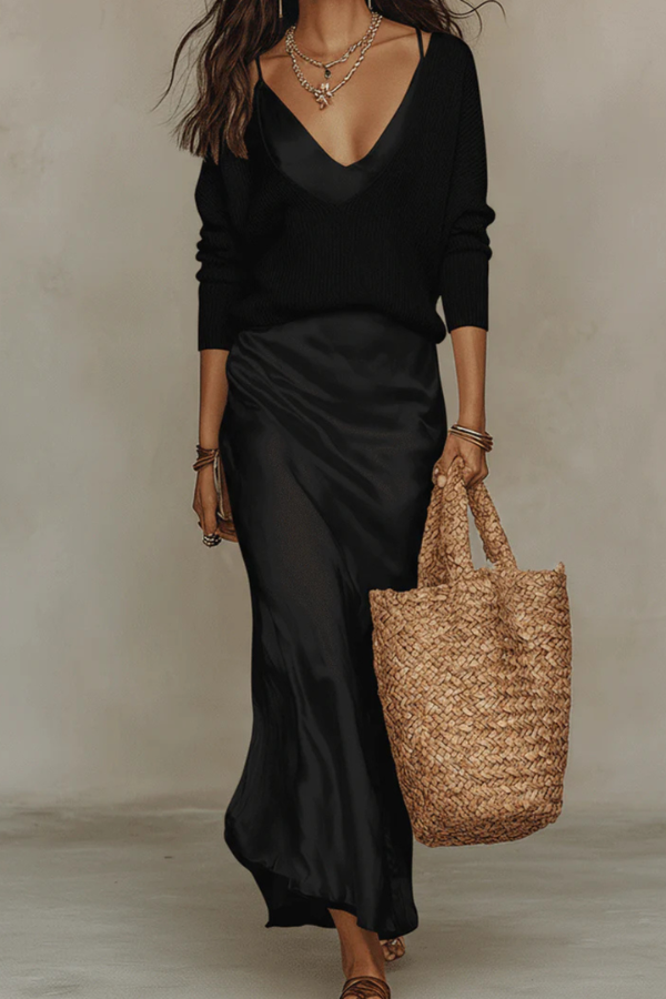 Comfortable women's two-piece set featuring an elegant midi dress and coordinating sweater for versatile wear.