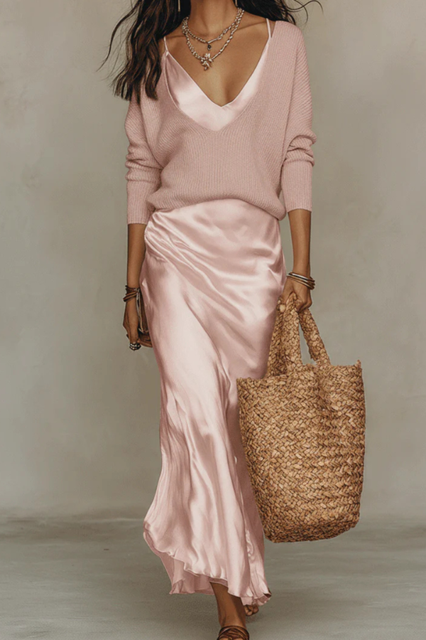 Chic women's fashion set: elegant midi dress and a stylish sweater, creating a perfect coordinated outfit.