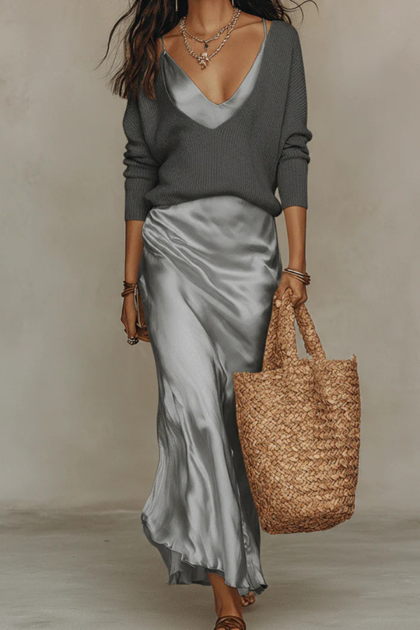 Versatile women's midi dress & sweater set, designed for elegant day to evening transitions and stylish comfort.