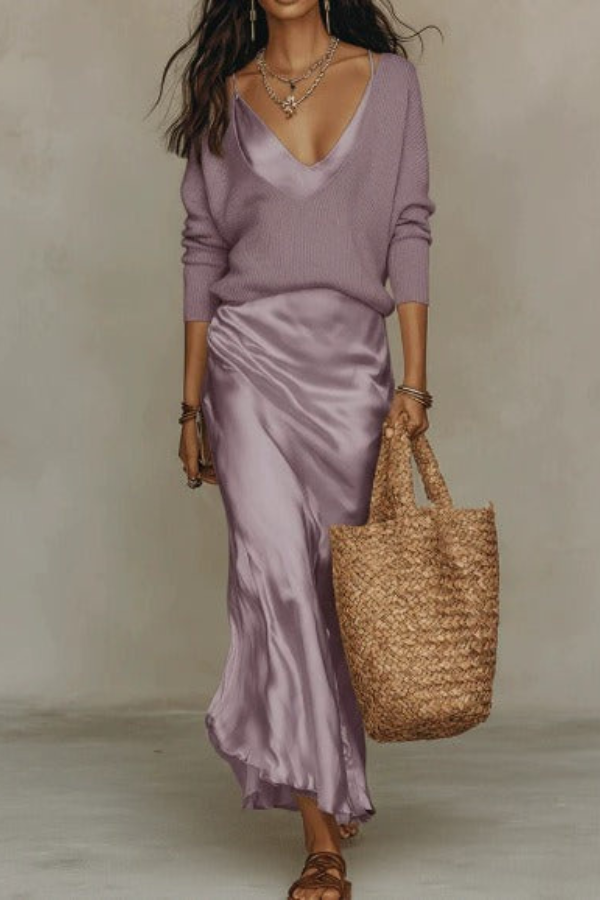 Modern women's layered look: elegant midi dress with a coordinating sweater. A stylish two-piece set for women.
