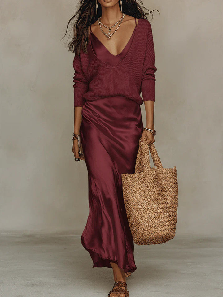 Chic women's coordinated midi dress and sweater, a versatile two-piece set for elegant fashion.