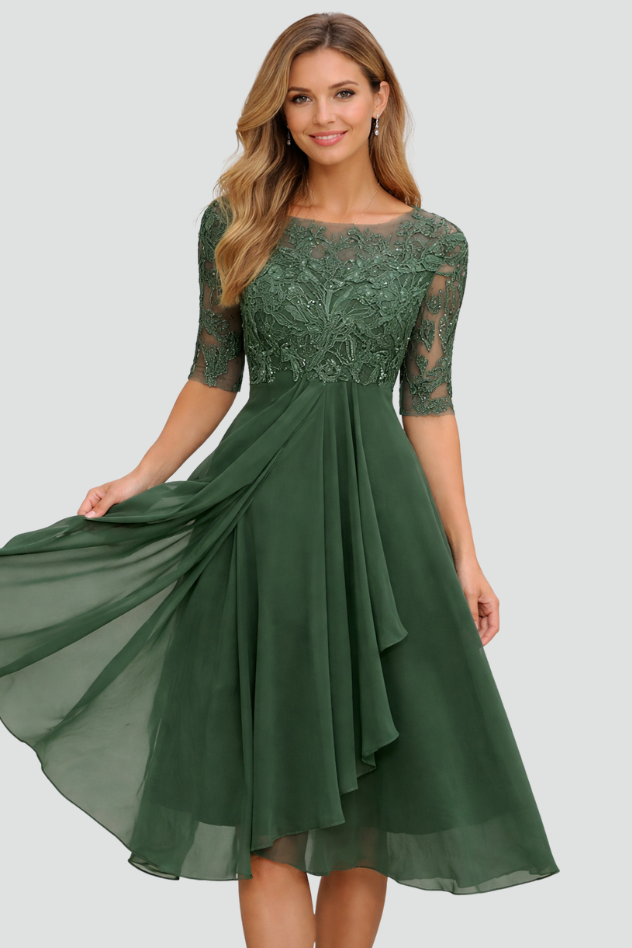 Feminine three-quarter sleeve midi dress, an elegant choice for evening wear & formal events.