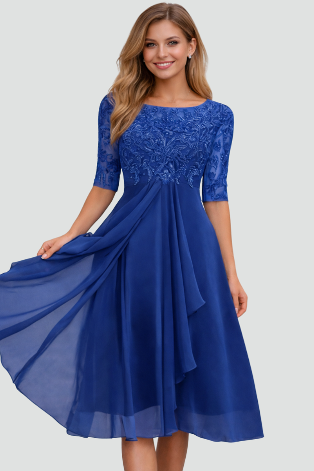 Flattering women's three-quarter sleeve midi dress, perfect for elegant evening wear & parties.