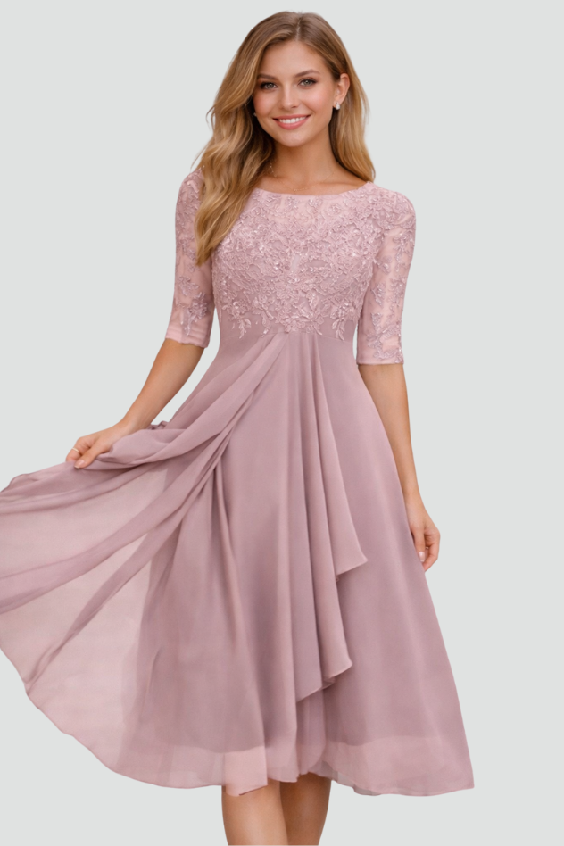 Chic women's midi evening dress with three-quarter sleeves, suitable for formal & special occasions.