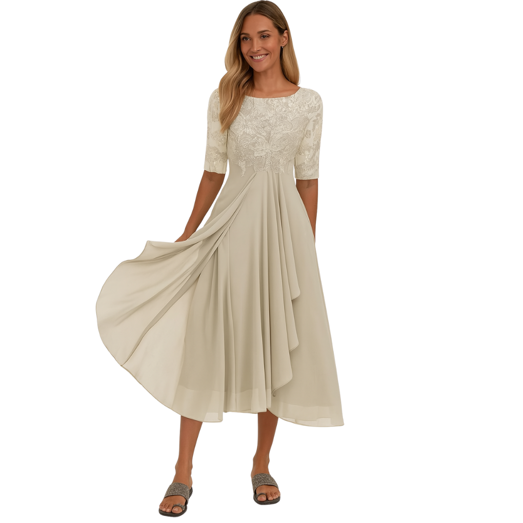 Flattering formal midi dress for women, ideal for evening events & special occasions. Elegant and stylish party wear.