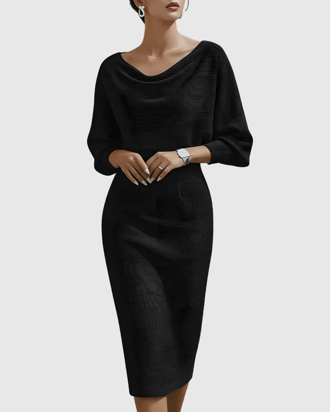 Elegant women's midi dress with a stylish cowl neck and flattering batwing sleeves, perfect for evening wear.