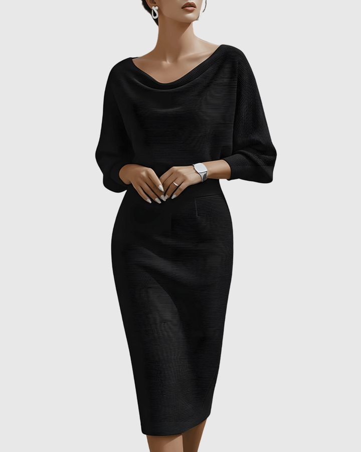 Elegant women's midi dress with a stylish cowl neck and flattering batwing sleeves, perfect for evening wear.