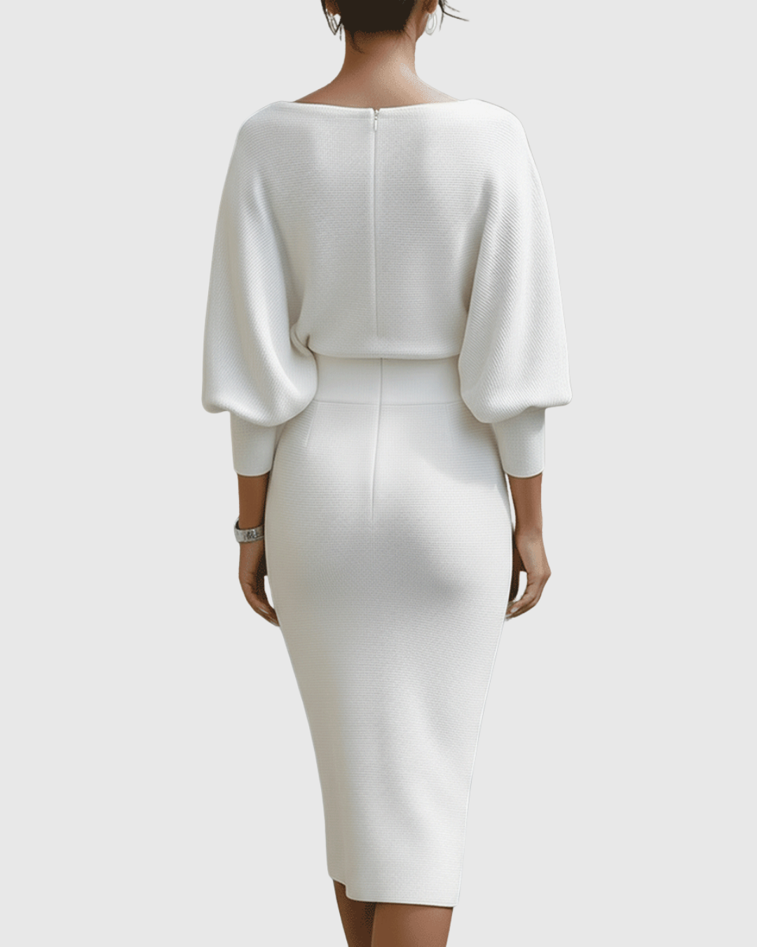 Sophisticated women's cocktail midi dress with a flattering cowl neck and elegant batwing sleeves.