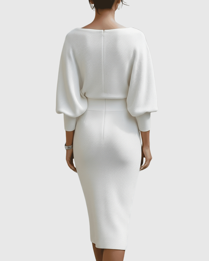 Sophisticated women's cocktail midi dress with a flattering cowl neck and elegant batwing sleeves.