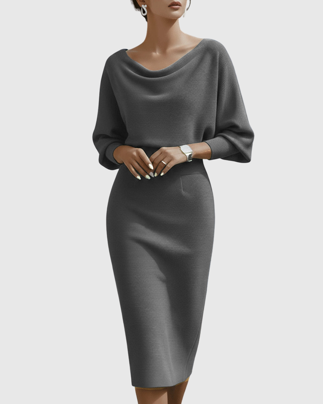 Sophisticated women's midi cocktail dress featuring a chic cowl neck and elegant batwing sleeves.