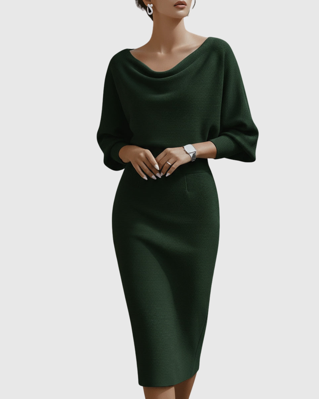 Flattering women's midi day dress with a comfortable cowl neck and fashionable batwing sleeves.