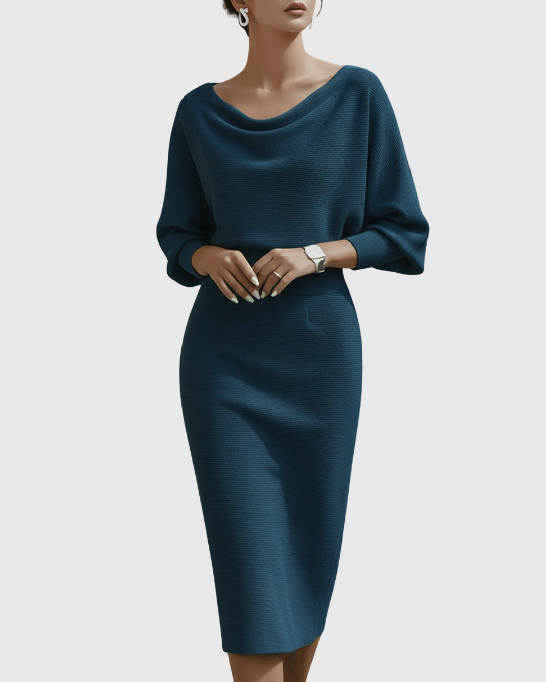 Chic women's elegant midi dress, designed with a cowl neck and flowing batwing sleeves for sophistication.