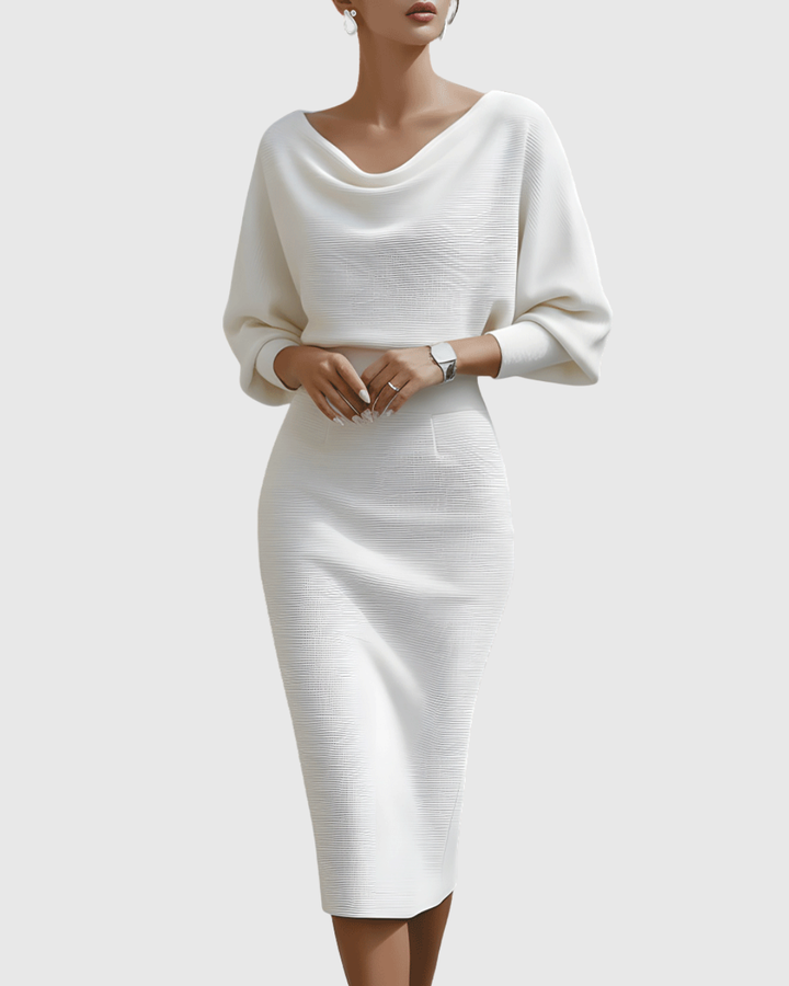 Graceful women's midi dress featuring a flattering cowl neckline and loose batwing sleeves, ideal for events.