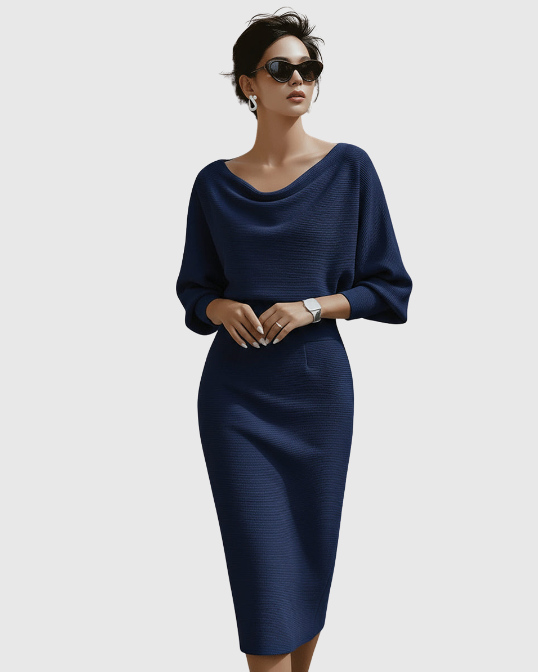 Women's elegant midi dress with a sophisticated cowl neck and stylish batwing sleeves. Perfect for women.