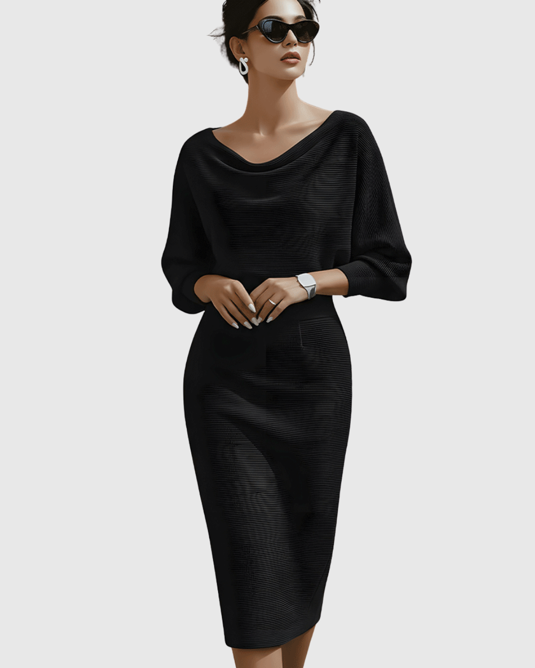 Fashionable women's midi dress showcasing a stunning cowl neck and elegant batwing sleeves, a modern style.