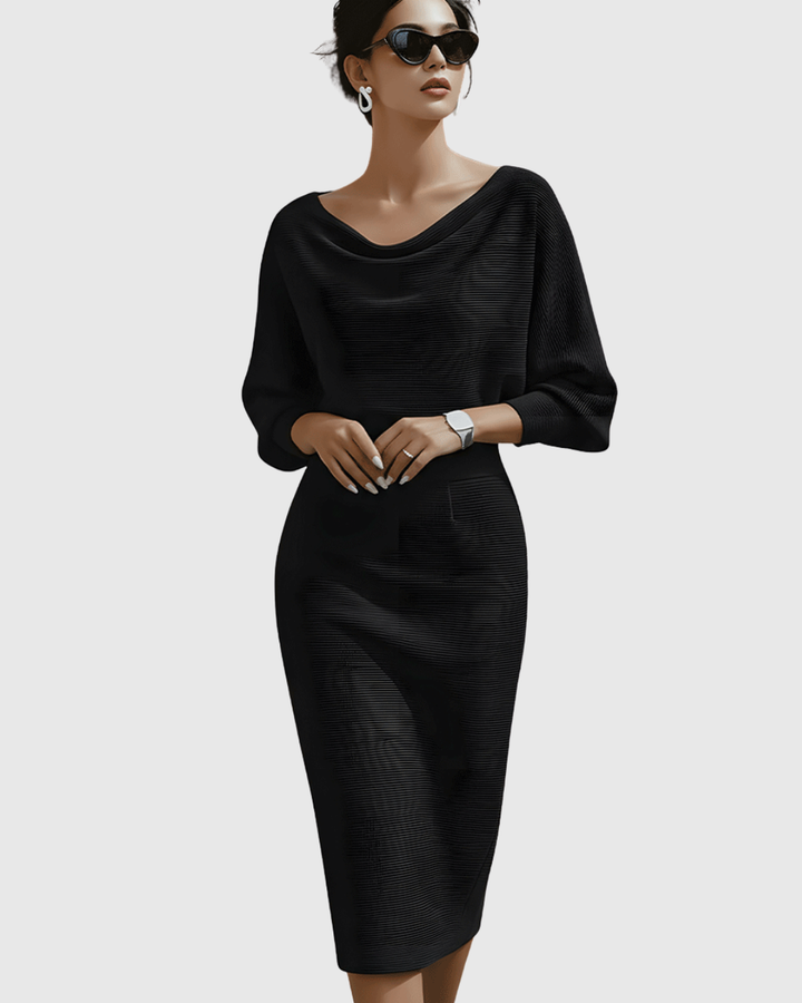 Fashionable women's midi dress showcasing a stunning cowl neck and elegant batwing sleeves, a modern style.