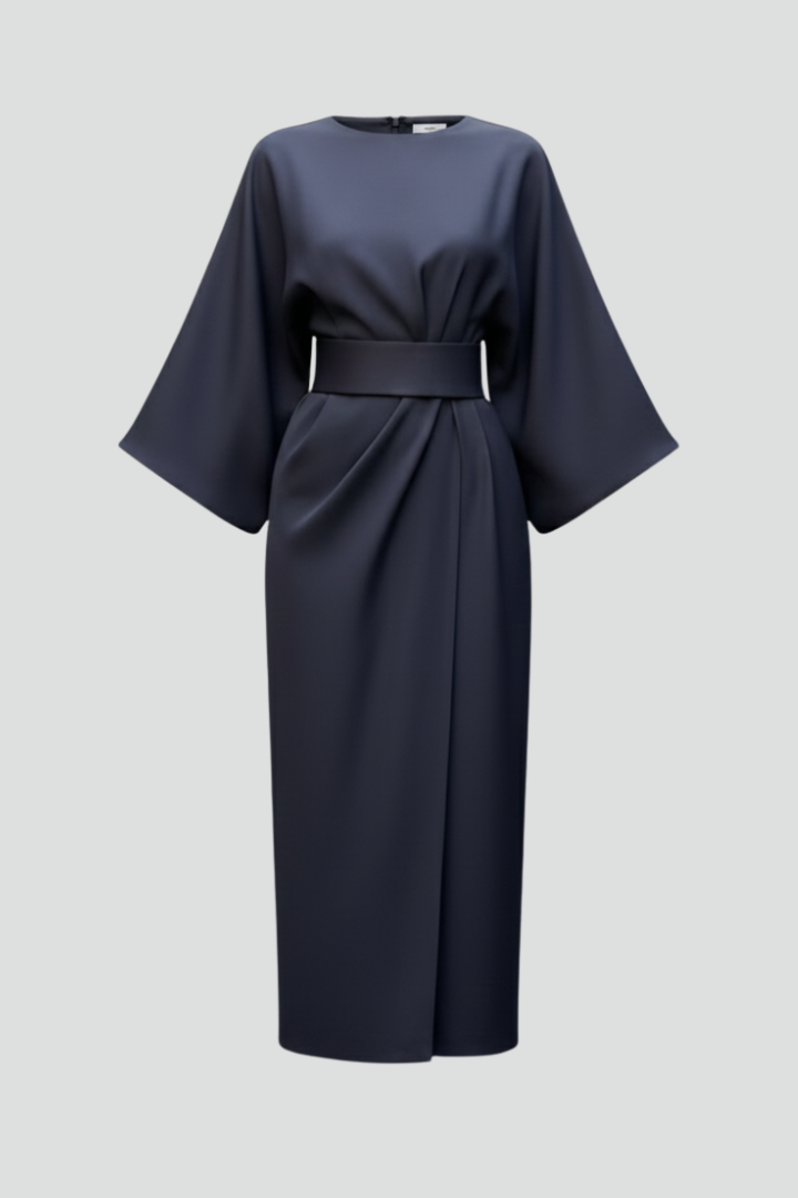 Elegant women's midi dress with belted waist & wide sleeves, perfect for sophisticated occasions.