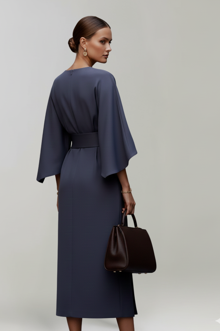 Women's sophisticated midi dress featuring a flattering belt detail and elegant wide sleeve design.