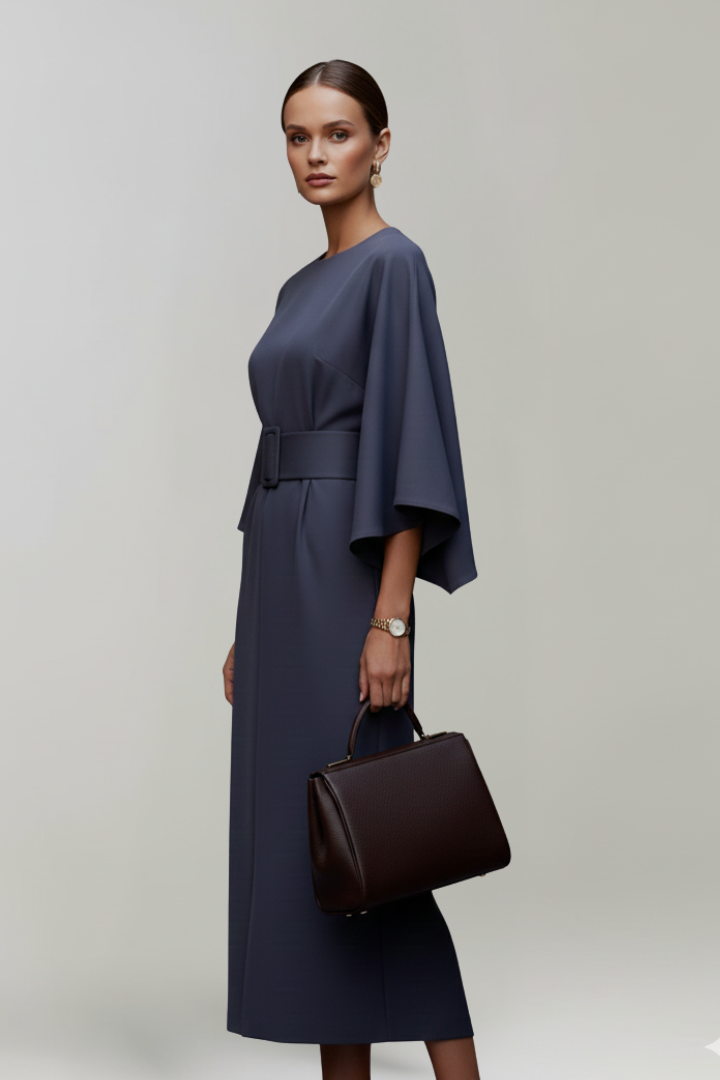 Classic women's midi dress with a chic belted waist, wide sleeves, suitable for spring/summer fashion.