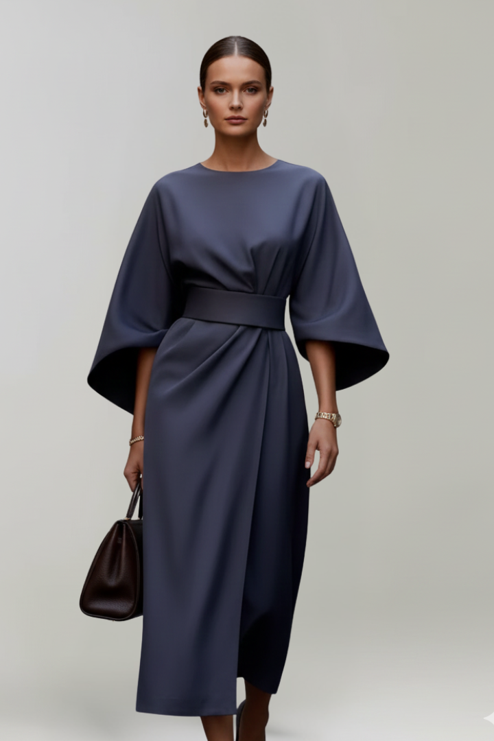 Chic belted midi dress for women featuring graceful wide sleeves & a flattering silhouette.