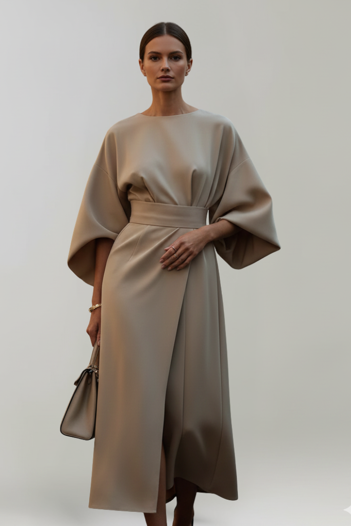 Stylish women's spring midi dress with an elegant belted waist and comfortable wide sleeves.