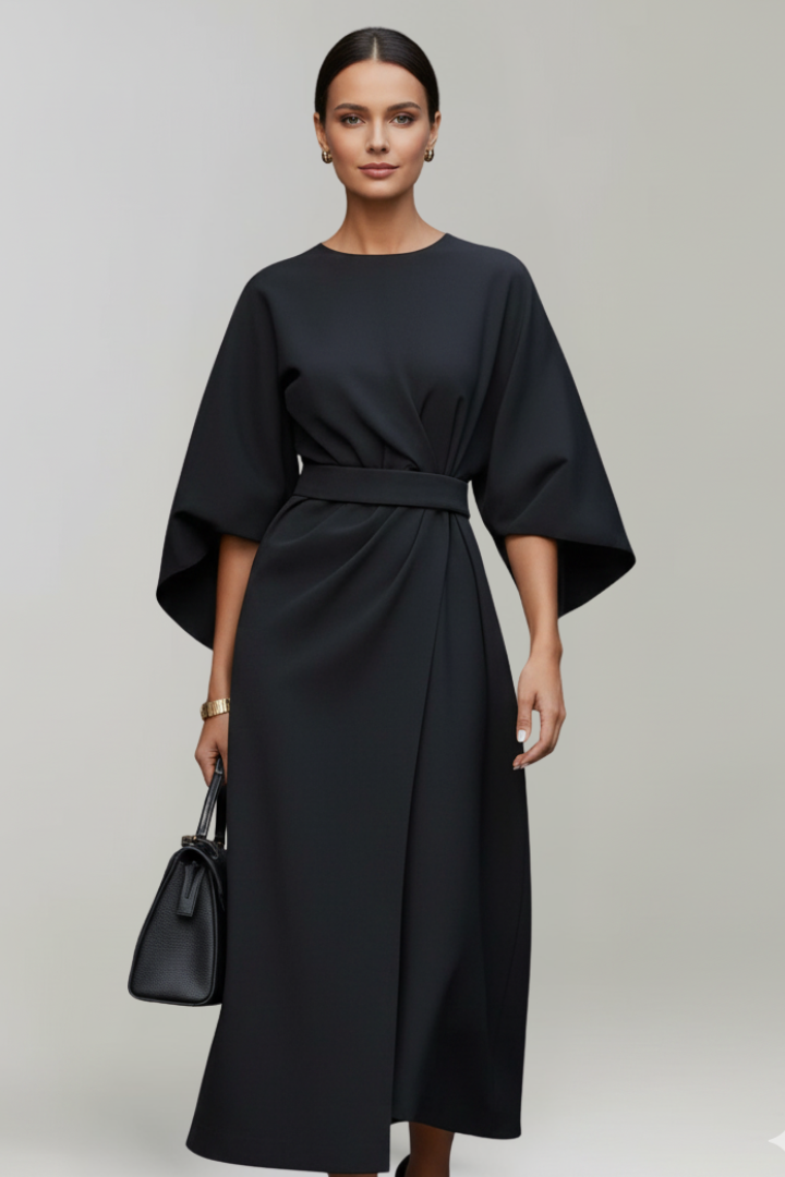 Versatile formal midi dress for women, ideal for parties, with a chic belt & flowing wide sleeves.
