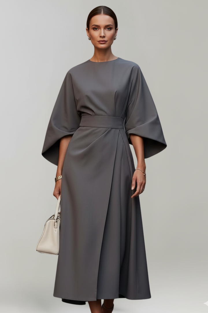 Fashionable women's party midi dress with a chic belted waist and distinctive wide sleeve design.