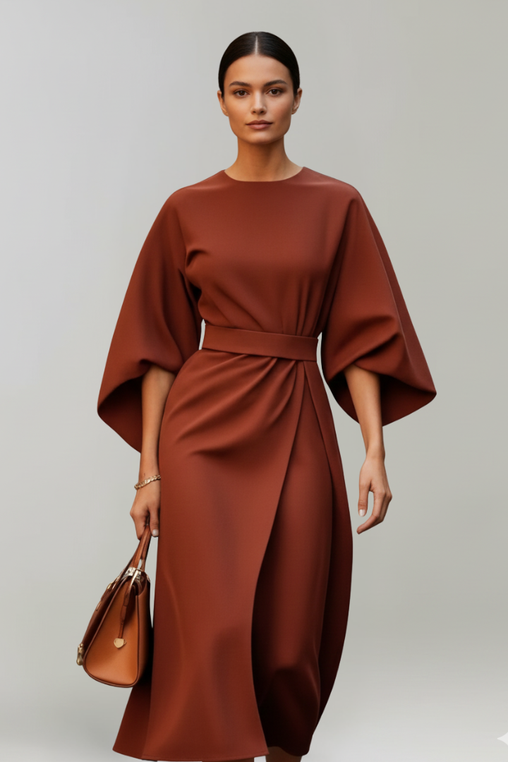 Modern elegant women's midi dress with a cinched belted waist & fashionable wide sleeves for any event.
