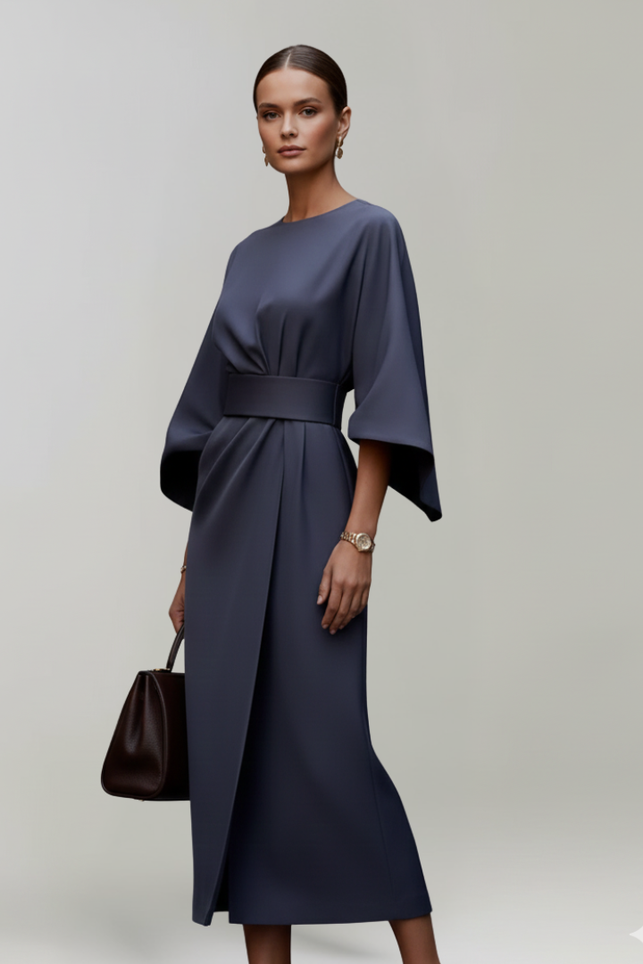 Graceful women's midi dress, perfect for work or parties, showcasing a belt and stylish wide sleeves.