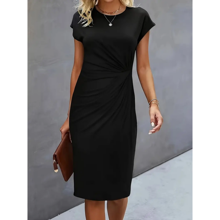 Elegant women's midi dress with cap sleeves & gathered waist, perfect for professional or formal events.