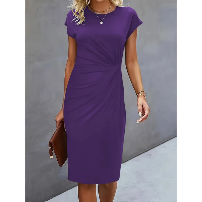 Professional women's midi dress, cap sleeves, gathered waist. Ideal business attire for office or work.