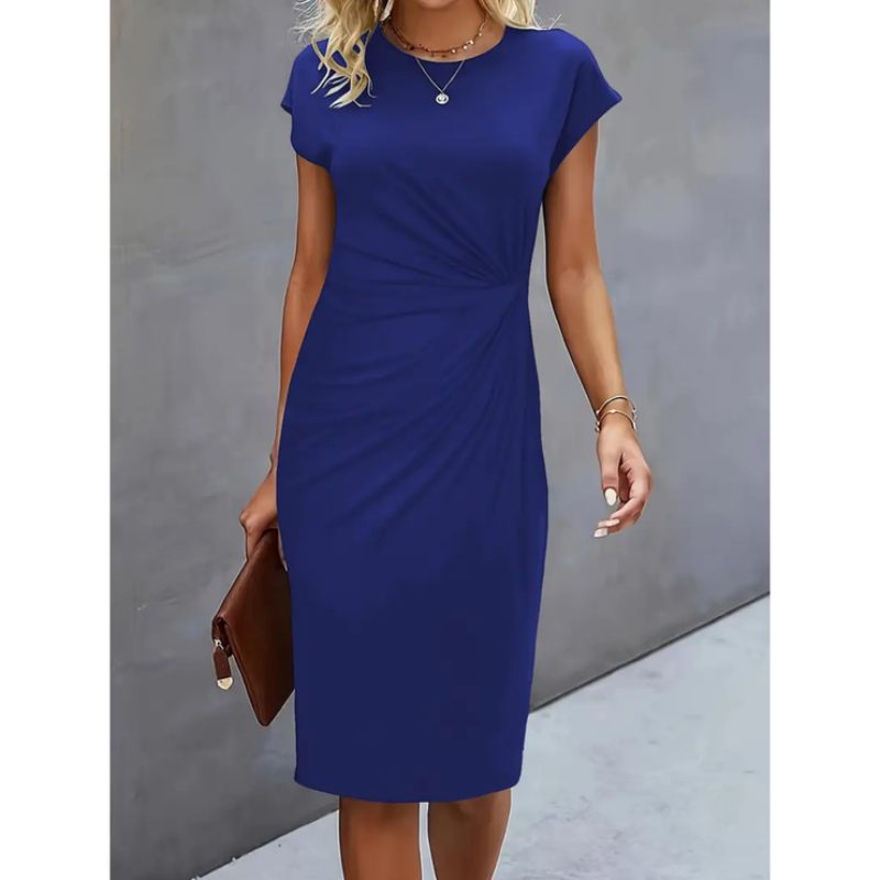 Women's midi dress featuring stylish cap sleeves & gathered waist, offering an elegant silhouette.