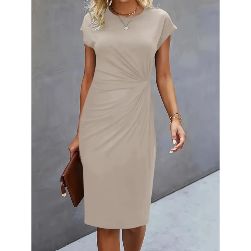 Sophisticated midi dress for women, cap sleeves & gathered waist, great for cocktails, events, or formal wear.